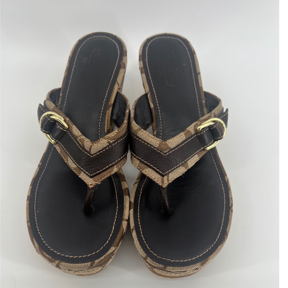 Coach Evelina Sig Sandals Women 8.5M Brown Signature Canvas Wedge Platform